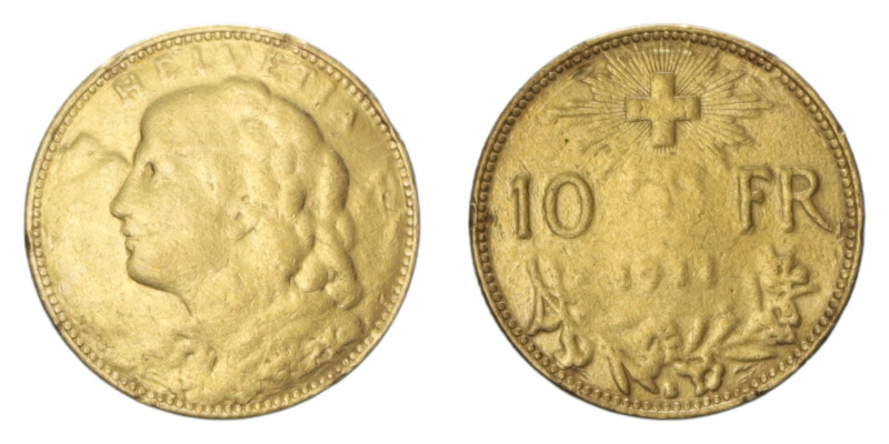 SVIZZERA 10 FRANCS 1911 B AU. 3,16 GR. MB (DA MONTATURA)