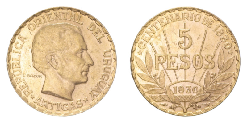 URUGUAY REPUBBLICA 5 PESOS 1930 AU. 8,51 GR. qSPL (SEGNETTI)