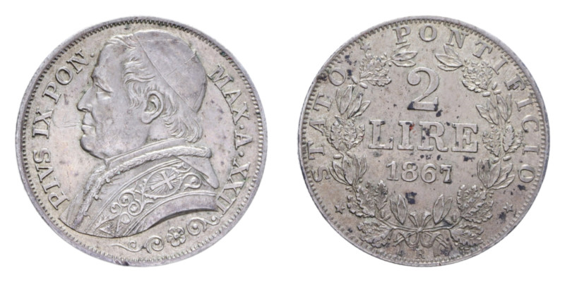 STATO PONTIFICIO PIO IX (1846-1870) 2 LIRE 1867 AN. XXII AG. 10 GR. SPL (CON CAR...