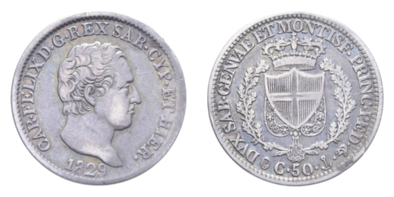 CARLO FELICE (1821-1831) 50 CENT. 1829 GENOVA R AG. 2,49 GR. BB