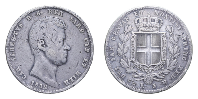 CARLO ALBERTO (1831-1849) 5 LIRE 1832 GENOVA AG. 24,47 GR. qBB (COLPI)