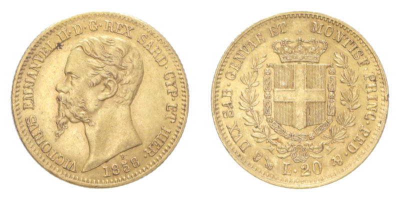 VITT. EMANUELE II (1849-1861) 20 LIRE 1858 GENOVA AU. 6,47 GR. qSPL (COLPETTO)