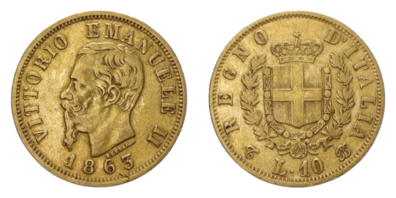 VITT. EMANUELE II (1861-1878) 10 LIRE 1863 TORINO AU. 3,16 GR. BB+