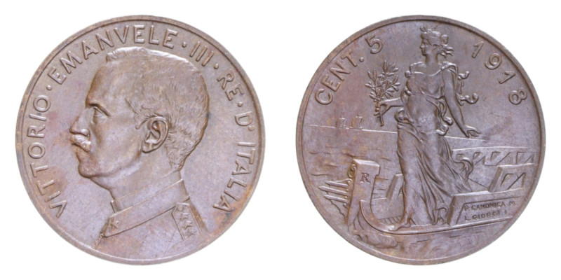 VITT. EMANUELE III (1900-1943) 5 CENT. 1918 ITALIA SU PRORA CU. 5,02 GR. SPL