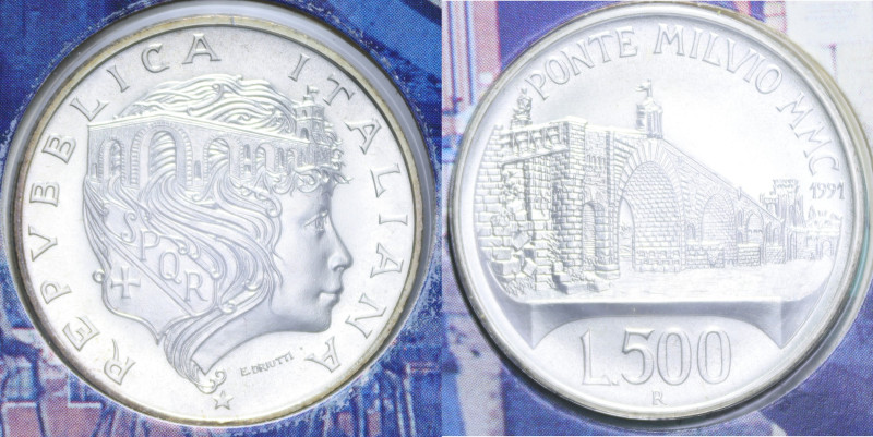 500 LIRE 1991 PONTE MILVIO AG. 15 GR. IN FOLDER FDC