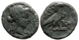 Greek
TROAS. Abydos (Circa 350-300 BC.)
AE Bronze (12mm 1.77g)
Obv:Laureate head of Apollo right.
Rev: ABY. Eagle standing right; pentagram to rig...