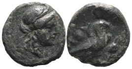 Greek
TROAS. Abydos. (Circa 320-200 BC).
AE Bronze (11.8mm 1.47g)
Obv: Laureate head of Apollo right
Rev: ABY, eagle standing right; grain ear in ...
