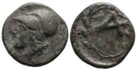 Greek
TROAS. Achilleion. (4th century BC).
AE Bronze (9.2mm 0.91g)
Obv: Helmeted head of Athena left.
Rev: City monogram in wreath.
Imhoof KM, p....
