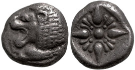 Greek
IONIA. Miletos. (Late 6th-early 5th centuries BC).
AR Diobol (9mm 1.36g)
Obv: Forepart of lion right, head left.
Rev: Stellate floral design...