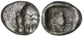 Greek
CARIA. Mylasa. (Circa 450-400 BC).
AR Obol (9.9mm 0.55g)
Obv: Facing forepart of lion.
Rev: Scorpion within incuse square.
SNG Kayhan I 934...