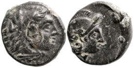 Greek
MYSIA. Pergamon . (Circa 310-282 BC).
AE Bronze (10mm 1.09g)
Obv: Head of Herakles to right, wearing lion skin headdress
Rev: Helmeted head ...