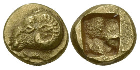 Greek
IONIA. Phokaia. (Circa 625/0-522 BC)
EL Myshemihekte – 1/24 Stater (4.2mm 0.60g).
Obv: Head of ram left; below, small seal left
Rev: Quadrip...