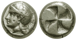 Greek
IONIA. Phokaia. (Circa 478-387 BC)
EL Hekte (8.1mm 2.52g)
Obv: Helmeted head of Athena left; below, small seal left.
Rev: Quadripartite incu...