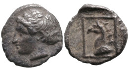 Greek
IONIA. Phokaia. (Circa 360-340 BC).
AR Hemiobol (7.5mm 0.31g)
Obv: Female head to left, her hair rolled up at the back.
Rev: Head of a griff...