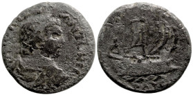 Roman Provincial
PAMPHYLIA. Side. Caracalla (198-217 AD)
AE Bronze (23mm 8.58g)
Obv: Laureate, draped and cuirassed bust right.
Rev: The sail of a...
