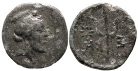 Greek
TROAS. Skepsis (250-210 AD)
AE Bronze (12mm 0.92g)
Obv: Bearded, archaic head of Dionysos right, wearing low kalathos and ivy wreath
Rev: Σ-...
