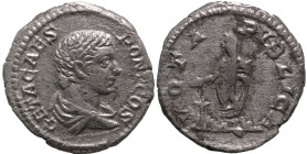 Roman Imperial
Geta, as Caesar (198-209 AD). Rome
AR Denarius (18mm 2.05g)
Obv: GETA CAES PONT COS Bare-headed and draped bust of Geta to right.
R...