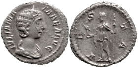 Roman Imperial
Julia Mamaea. Augusta, (222-235 AD) Rome
AR Denarius (20.8mm, 3.57 g)
Obv: Draped bust right, wearing stephane
Rev: Vesta standing ...