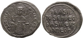 Byzantine
Basil I the Macedonian (867-886 AD). Constantinople
AE Follis (29.5mm 8g)
Obv: +bASILIOS bASILЄVS✱ Basil I, seated facing on throne, wear...