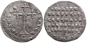 Byzantine
Constantine VII Porphyrogenitus with Romanus II (913-959 AD). Constantinople
AR Miliaresion (24mm 2.79g)
Obv: + IhSYS XRISTYS nICA, cross...