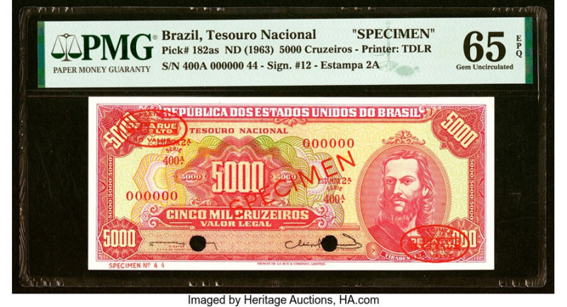 Brazil Tesouro Nacional 5000 Cruzeiros ND (1963) Pick 182as Specimen PMG Gem Unc...