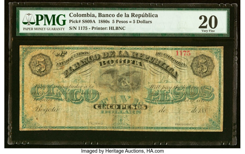 Colombia Banco de la Republica 5 Pesos = 5 Dollars 1880s Pick S809A PMG Very Fin...