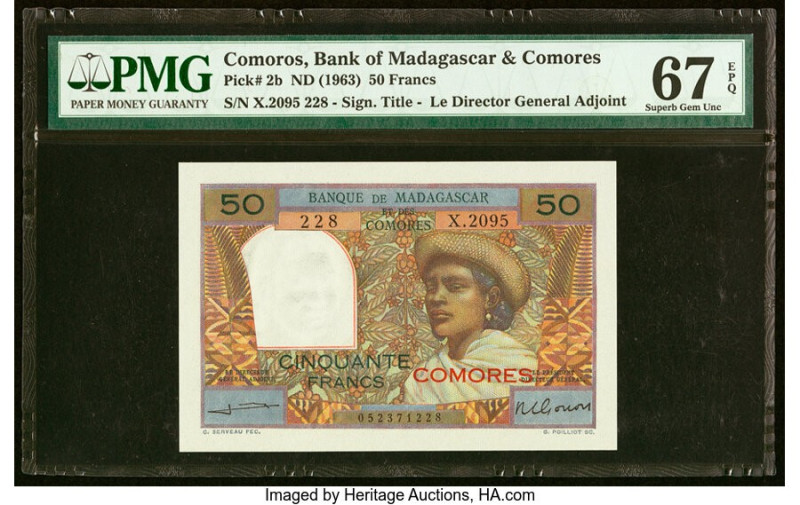 Comoros Banque de Madagascar et des Comores 50 Francs ND (1963) Pick 2b PMG Supe...