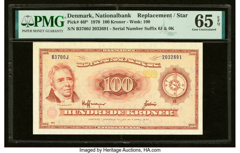 Denmark National Bank 100 Kroner 1970 Pick 46f* Replacement PMG Gem Uncirculated...