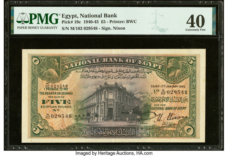 Egypt National Bank of Egypt 5 Pounds 17.1.1945 Pick 19c PMG Extremely Fine 40. ...