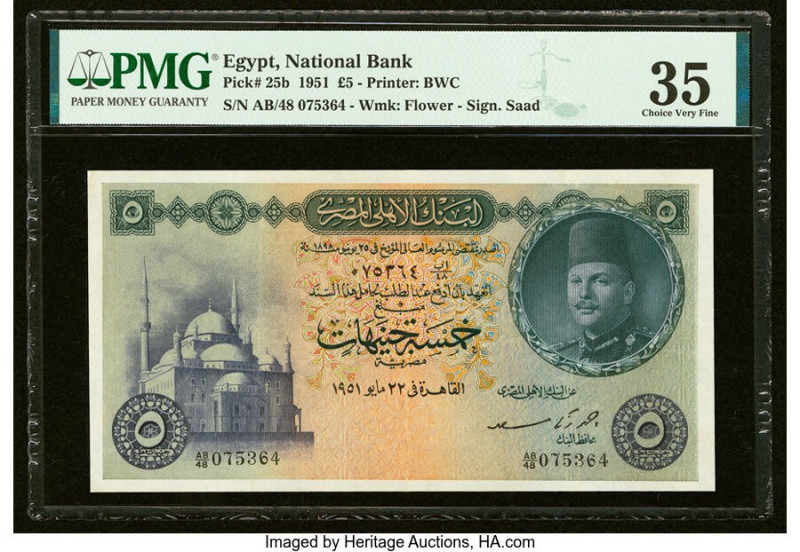 Egypt National Bank of Egypt 5 Pounds 1951 Pick 25b PMG Choice Very Fine 35. HID...