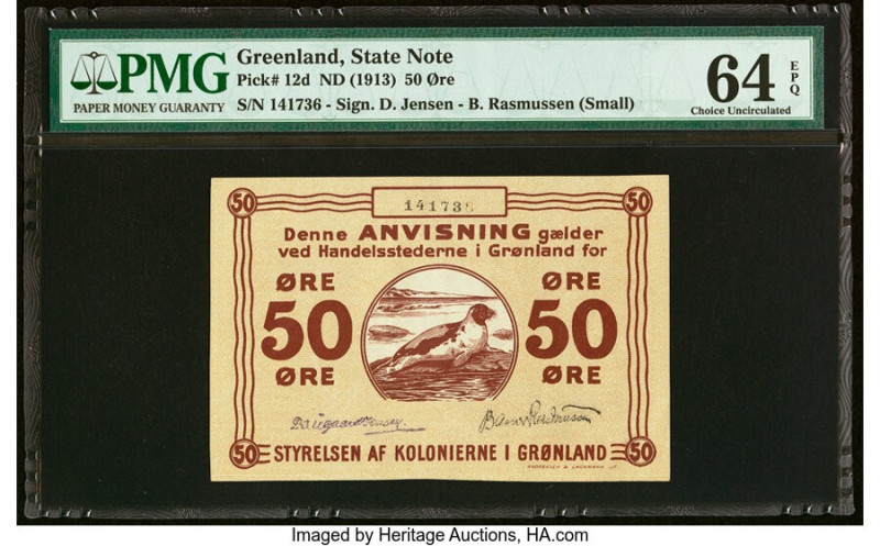 Greenland State Note 50 Ore ND (1913) Pick 12d PMG Choice Uncirculated 64 EPQ. H...