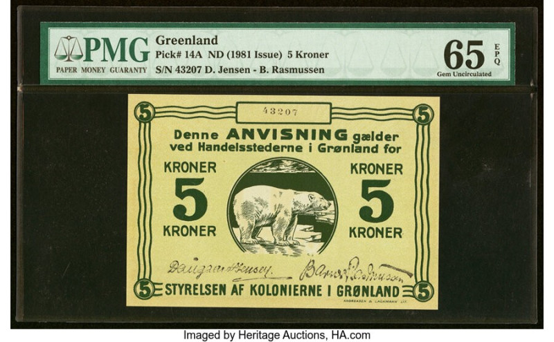 Greenland State Note 5 Kroner ND (1913) Pick 14A PMG Gem Uncirculated 65 EPQ. HI...