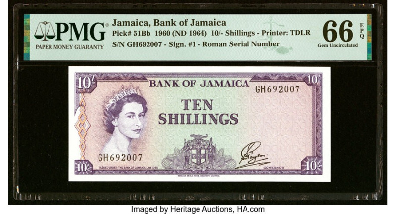 Jamaica Bank of Jamaica 10 Shillings 1960 (ND 1964) Pick 51Bb PMG Gem Uncirculat...