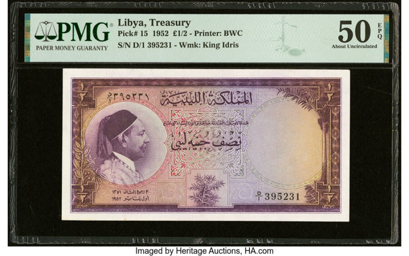 Libya Treasury 1/2 Pound 1952 Pick 15 PMG About Uncirculated 50 EPQ. HID09801242...