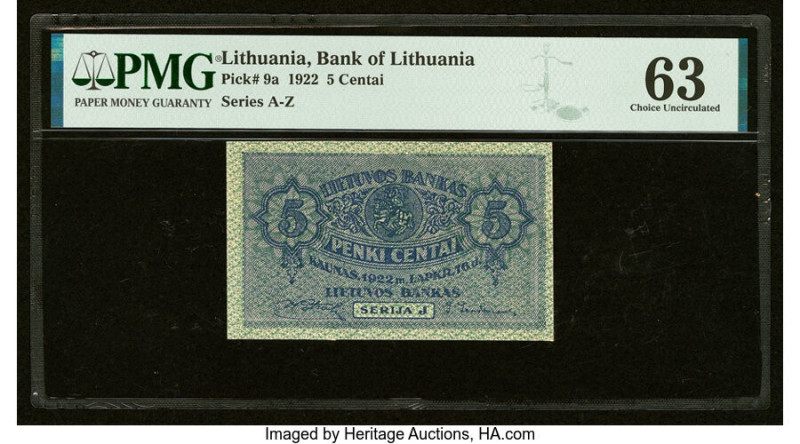 Lithuania Bank of Lithuania 5 Centai 1922 Pick 9a PMG Choice Uncirculated 63. Mi...