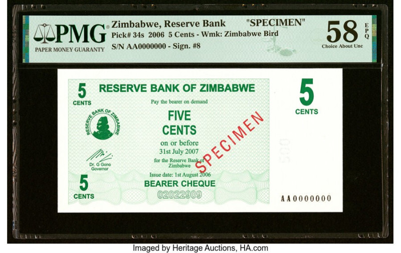 Zimbabwe Reserve Bank of Zimbabwe 5 Cents 1.8.2006 Pick 34s Specimen PMG Choice ...