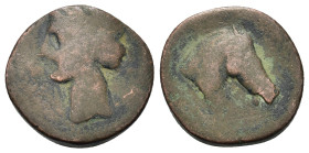 Spain, Carthago Nova, c. 220-215. Æ (22,5mm, 9g). Head of Tanit l. R/ Head of horse r. ABH-515.