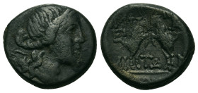 Macedon, Amphipolis. c. 187-168/7 BC. Æ (20mm, 7.61 g). Diademed head of Artemis Tauropolos right, bow and quiver at shoulder. R/ΑΜΦΙΠΟΛΙΤΩΝ Two rampa...