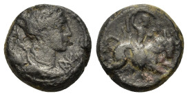 Macedon, Amphipolis (31 BC-14 AD). Æ (15mm, 4.42g). Bust of Artemis right, bow and quiver at shoulder. Monogram right. R/ΑΜΦΙΠΟΛΙΤΩΝ Artemis Tauropolo...