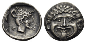 Macedon, Neapolis, c. 424-350 BC. AR Triobol (14,4mm, 1.88g). Gorgoneion. R/ Head of a nymph r. AMNG III 12; SNG ANS 430.