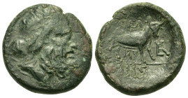 Macedon, Pella. c. 196-149 BC. Æ (21,5mm, 10.00g). Head of Poseidon right. R/Bull standing right, ΠEΛ above, Λ[HΣ] below, two monograms in field. Cf. ...