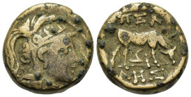 Macedon, Pella. c. 187-168/7 BC. Æ (19mm, 8.56 g). Helmeted head of Athena right. R/Ox grazing right; below, plow right. Touratsoglou, Macedonia 2; HG...