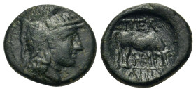 Macedon, Pella. After 148 BC. Æ (18,5mm, 5.20g). Helmeted head of Athena to right. R/Ox grazing to right; ΠΕΛ above, ΛΗΣ in exergue. SNG ANS 598-617; ...