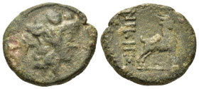 Macedon, Thessalonica. c. 187-131 BC. Æ dichalkon (19,5mm, 5.57 g).Head of Dionysos right, wearing ivy wreath. R/ΘΕΣΣΑΛΟΝΙΚHΣ, goat standing right. To...