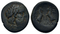 Macedon. Thessalonica. After 148 BC. Æ (19,5mm, 8.88g). Laureate head of Zeus right. R/ΘE-Σ/ΣA-ΛO/NI-KHΣ Two goats contending. BMC 8. HGC 3, 726. SNG ...