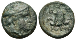 Macedon. Tragilos. c. 400 BC. Æ Dichalkon (15mm, 3.11g). Head of Hermes right, wearing petasos. R/ΤΡΑΙΛΙΟΝ Rose; to right, crescent. SNG ANS 911. VF....