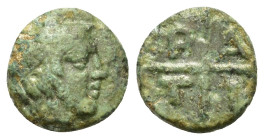 Macedon, Tragilos (405-390 BC). Æ (9mm, 0.72g). Head of Hermes to right, wearing petasos.
R/T-P-A-I within four segments around central pellet. AMNG I...