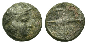 Macedon, Tragilos (405-390 BC). Æ (9,5mm, 1.00g). Head of Hermes to right, wearing petasos. R/T-P-A-I within four segments around central pellet. AMNG...