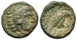 Kings of Macedon. Amyntas III (394/3-370/69 BC). Æ Tetrachalkon (17mm, 5.35 g). Aigai or Pella mint. Head of Herakles right, wearing lion skin R/Eagle...