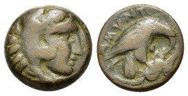 Kings of Macedon. Amyntas III (394/3-370/69 BC). Æ (15,7mm, 4g). Head of Herakles right, wearing lion skin. R/ AMYNTA, eagle right, attacking serpent....